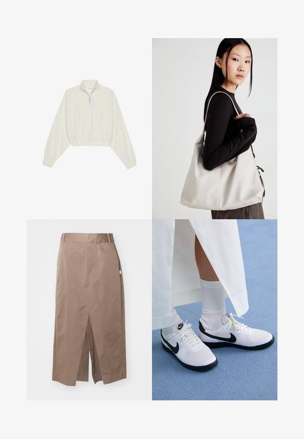 Pullover curto em tecido creme, apresentando um colarinho alto, fecho de meio zíper, bainha e punhos elásticos, com uma textura suave e design minimalista.; Saia de algodão castanha com um design reto, apresentando uma fenda frontal, bolsos laterais e uma cintura padrão. Textura suave e costuras ajustadas.; Ténis brancos da Nike com detalhes pretos, apresentando um cabedal em pele lisa, atacadores brancos e solas de borracha resistentes, combinados com meias brancas com textura ribada.; Uma bolsa bege feita de material macio, com um design descontraído, detalhes de costura e duas alças para o ombro. Adequada para uso diário.