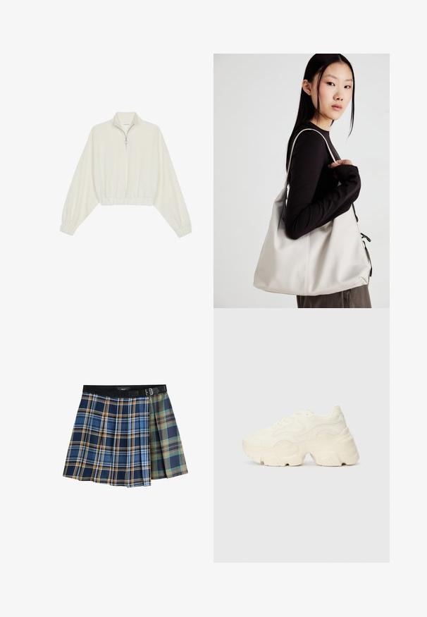 Kort striktrøje i cremefarvet stof med høj krave, halvlynlås, elastisk kant og manchetter, glat tekstur og minimalistisk design.; Plisseret miniskørt med tofarvede tern i blå, orange, grøn og marineblå, med en sort livrem og spænde.; Chunky hvide sneakers lavet af tekstureret mesh og syntetiske materialer, med en tyk sål og intrikate mønsterdetaljer langs siderne.; Beige håndtaske lavet af blødt materiale med et slouchy design, stikninger og to skulderremme. Velegnet til daglig brug.