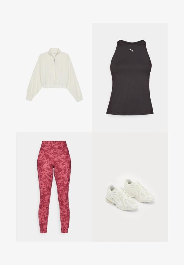 Pulover scurt din stofă crem, cu guler înalt, închidere cu fermoar pe jumătate, elastic la margini și la manșete, cu o textură netedă și un design minimalist.; Tricou sport negru fără mâneci, cu guler înalt, având un mic logo alb Puma pe partea stângă a pieptului. Fabricat dintr-un material neted și elastic.; Leggings roșii cu un design ajustat, talie înaltă și un model de frunze pe întreaga suprafață, într-o nuanță mai închisă de roșu. Realizate dintr-un material elastic, texturat.; Pantofi sport albi confecționați din materiale din plasă și sintetice, design cu șireturi, guler căptușit și talpă texturată pentru aderență. Construcție ușoară.