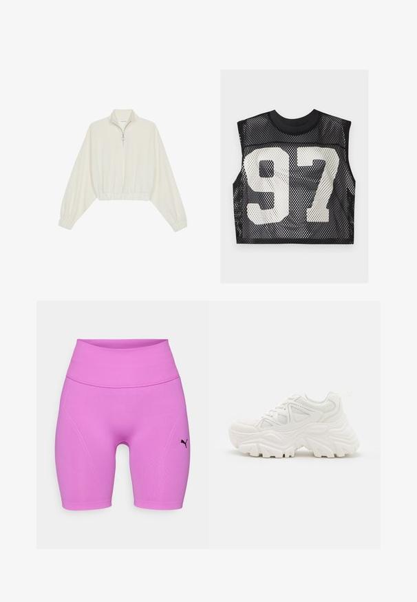 Krém színű, rövidített pulóver, magas gallérral, félig cipzáros záródással, elasztikus derék- és ujjakrésszel, sima textúrával és minimalista dizájnnal.; Fekete hálós crop top, ujjatlan kivitelben, elöl nagy fehér nyomott "97" számmal. Strukturált, lélegző anyag.; Rózsaszín sportos rövidnadrág magas derékkal, sima textúrával és fekete logóval. Illeszkedő kialakítású és varráselemekkel rendelkezik.; Fehér, vastag talpú sportcipők, textúrált felsőrésszel, hálós panelek árnyékolásával és vastag, kiemelkedő mintázatú gumitalppal. Zsinórok és húzófül tartozik hozzá.