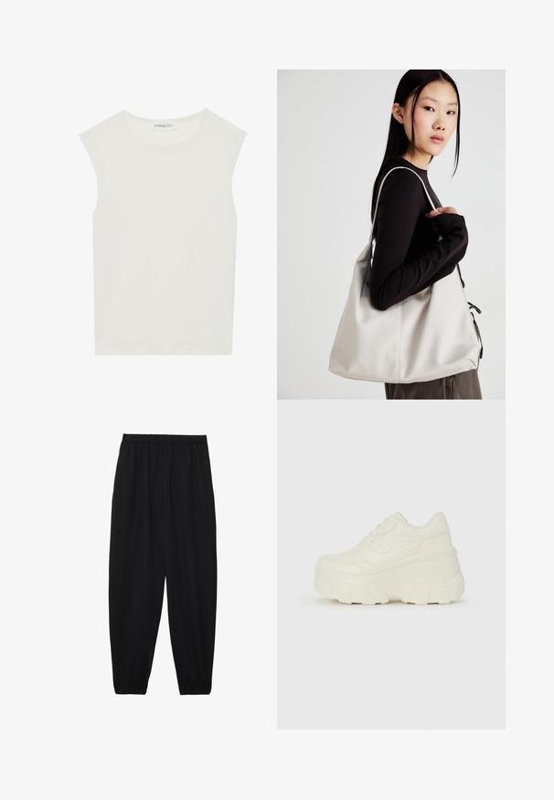 Pulover scurt din stofă crem, cu guler înalt, închidere cu fermoar pe jumătate, elastic la margini și la manșete, cu o textură netedă și un design minimalist.; Top alb fără mâneci, cu decolteu rotund. Fabricat dintr-un material neted, prezintă o croială lejeră și un design minimalist. Fără modele sau accente.; Pantaloni negri, ușori, cu un brâu elastic și tivuri strânse. Materialul este neted și are un design relaxat, conic.; Adidași platformă albi, cu un superior neted asemănător cu pielea, formă rotunjită, guler căptușit și talpă din cauciuc texturată cu borduri bine definite.; Geantă bej din material moale, cu un design lejer, detalii cusute și două bretele pentru umăr. Potrivită pentru utilizarea zilnică.