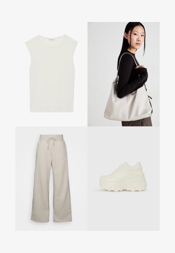 Gerippter Pullover aus cremefarbener Baumwolle mit hohem Kragen, halbem Reißverschluss, elastischen Säumen und Bündchen, glatter Textur und minimalistischem Design.; Weißes ärmelloses Top mit rundem Ausschnitt. Hergestellt aus glattem Stoff, hat es einen lässigen Schnitt und minimalistisches Design. Keine Muster oder Akzente.; Beige weite Sweatpants aus weichem Material, mit einem Kordelzugbund und einem kleinen weißen Logo auf der linken Seite.; Weiße Platform Sneakers mit einem glatten, lederähnlichen Obermaterial, abgerundeter Form, gepolstertem Kragen und strukturierten Gummisohlen mit ausgeprägten Stollen.; Beige Handtasche aus weichem Material, mit einem lässigen Design, gesteppten Details und zwei Schulterriemen. Geeignet für den täglichen Gebrauch.