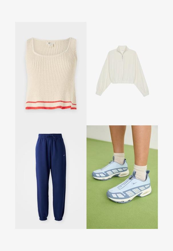 Kreemfarbenest lühikese varrukaga kudum, millel on kõrge kaelus, pool tõmblukk, elastne allosa ja varrukad, sile tekstuur ja minimaalne disain.; Kreemivärvi soonik-topp, millel on ümmargune kaelus ja punane horisontaalne triip ääres. Pehme, tekstureeritud kangas ja vaba lõige.; Tumesinine dressipluus, mis on valmistatud pehmest kangast, elastse vöökoha ja nööriga, elastsete mansettide ning väikese valge logoga.; Heledad sinised spordijalatsid valgete detailidega, tekstuuriga paneelid ja tõmblukk. Omab nähtavat õhuklotsiga tallat ja kummist välispinda.