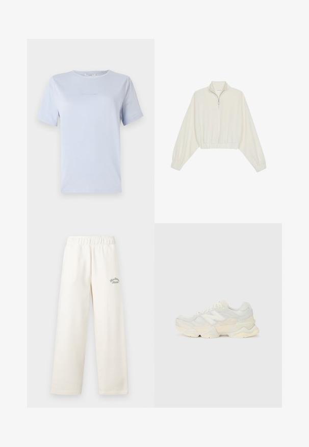 Zkrácený svetr z krémové látky, který má vysoký límec, poloviční zip, elastický spodní lem a manžety, hladkou texturu a minimalistický design.; Světle modré tričko s krátkým rukávem vyrobené z měkké tkaniny, s kulatým výstřihem a jemným potiskem loga. Jednoduchý design, uvolněný střih.; Krémové široké kalhoty vyrobené z měkkého materiálu s elastickým pasem. Na přední straně mají jemný zelený vyšitý nápis.; Lehká sneakerka s vrchní částí z prodyšné síťoviny a semiše v jemných krémových tónech, s masivní podrážkou a trojrozměrnými akcenty.