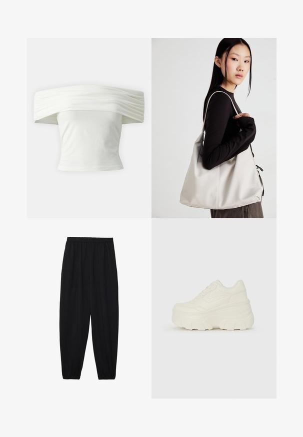 Avkortad tröja i krämfärgad tyg, med hög krage, halvdragkedja, elastisk nederkant och ärmar, med en slät yta och minimalistisk design.; Off-shoulder vit topp med plisserad, strukturerad halsringning och åtsittande midja. Tillverkad av mjukt tyg med en slät yta.; Svarta, lätta byxor med elastisk midja och samlade ankleder. Tyget är slätt och har en avslappnad, avsmalnande design.; Vita plattformssneakers med en slät läderliknande överdel, rundad form, vadderad krage och texturerad gummisula med definierade mönster.; Beige handväska tillverkad av mjukt material, med en avslappnad design, sydda detaljer och två axelremmar. Lämplig för dagligt bruk.