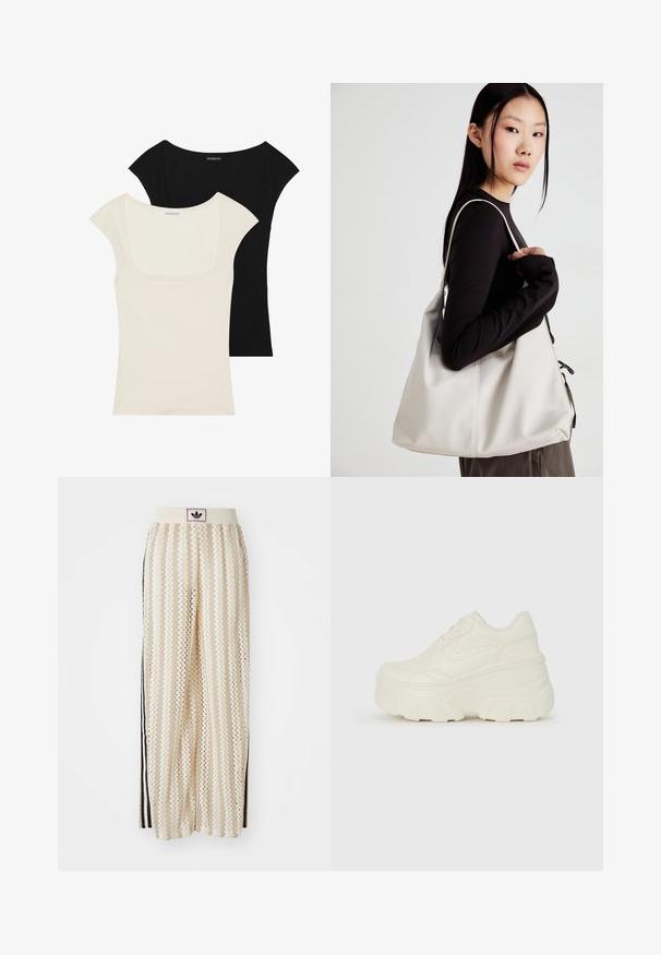 Kort striktrøje i cremefarvet stof med høj krave, halvlynlås, elastisk kant og manchetter, glat tekstur og minimalistisk design.; To siddede kortærmede toppe: en sort og en off-white. Begge har en firkantet udskæring og ribbet tekstur, med en glat finish.; Cremefarvede bukser med vidde, der har et zigzag-mønster, med en sort logoelastik i taljen og sorte striber på siden. Letvægtigt, tekstureret stof.; Hvide platform sneakers med en glat læderlignende overdel, rund form, polstret krave og struktureret gummisål med definerede riller.; Beige håndtaske lavet af blødt materiale med et slouchy design, stikninger og to skulderremme. Velegnet til daglig brug.