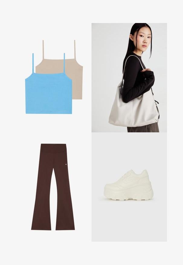 Kreptais pusītes džemperis krēmkrāsā, ar augstu apkakli, puszipa aizdari, elastīgu apakšmalu un aprocēm, ar gludu tekstūru un minimālistisku dizainu.; Even&Odd 2 PACK - Tops - azure blue/simply taupe; Brūni plati bikses no mīksta auduma, ar plašu jostu, gludu tekstūru un nelielu logotipa akcentu sānos.; Baltie platformas sporta apavi, kas izgatavoti no gludas mākslīgās ādas, ar noapaļotu formu, mīkstu apkakli un teksturētu gumijas zoli ar izteiktiem rakstiem.; Bežs rokassoma, izgatavota no mīksta materiāla, ar brīvu dizainu, izšūtu apdari un divām plecu siksnām. Piemērota ikdienas lietošanai.