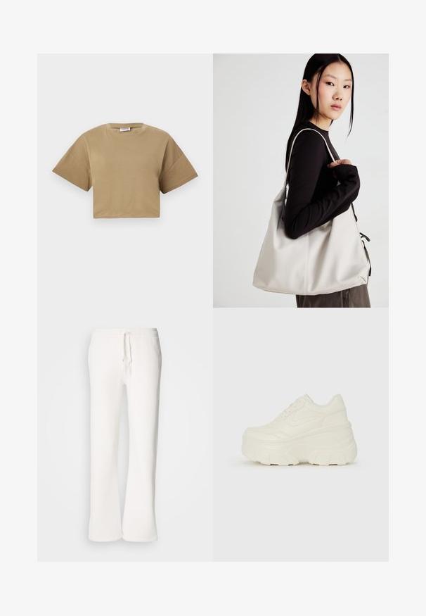 Kratka pulover v kremnem blagu, z visokim ovratnikom, pol-zadrgo, elastičnim robom in manšetami, z gladko teksturo in minimalističnim oblikovanjem.; Kratka majica s kratkimi rokavi iz khaki bombaža. Ima okroglo ovratnico in spuščena ramena ter gladko, mehko teksturo.; Bela, sproščena trenerka iz mehkega blaga, z elastičnim pasom in vrvico ter naravnim krojem nogavic.; Bele platformske tene z belim zgornjim delom, ki spominja na usnje, okroglo obliko, oblazinjen ovratnik ter gumo z teksturo na podplatu z izrazitimi profili.; Bežna torbica iz mehkega materiala, z ohlapno zasnovo, šivi in dvema naramnicama. Primerna za vsakodnevno uporabo.