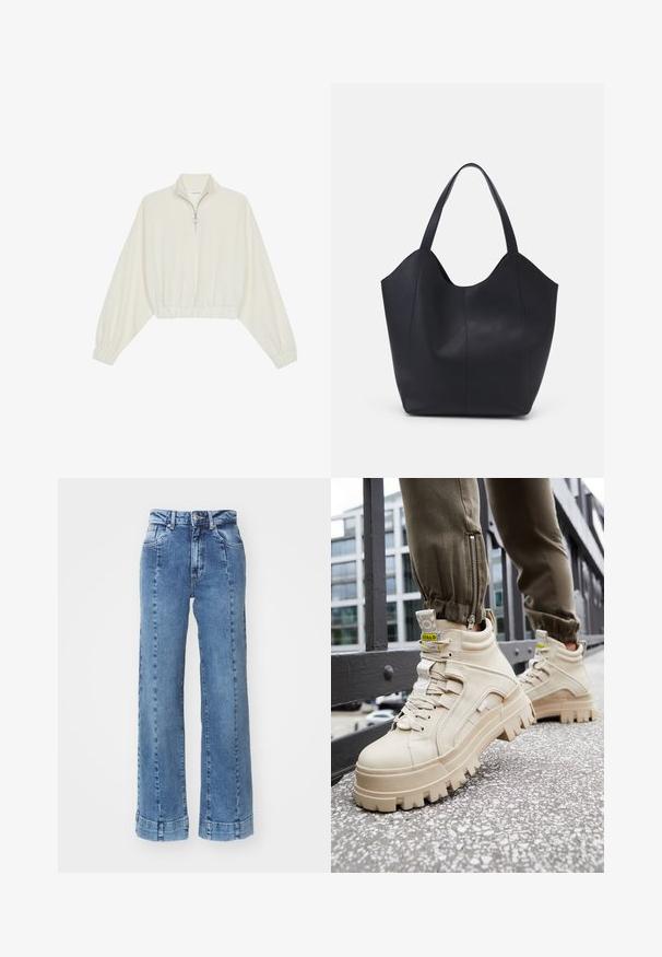 Pullover court en tissu crème, avec un col haut, fermeture éclair à mi-hauteur, ourlet et poignets élastiqués, offrant une texture lisse et un design minimaliste.; Jean large en denim bleu clair avec une taille haute, présentant des poches avant et des coutures décoratives. L'ourlet est roulé et cousu.; Baskets montantes beiges avec une semelle épaisse et texturée, un design à lacets et des étiquettes accent jaune. Tige en cuir texturé avec des coutures contrastées.; Sac fourre-tout noir en cuir lisse, doté d'un haut ouvert et courbé avec deux brides d'épaule et un design minimaliste.