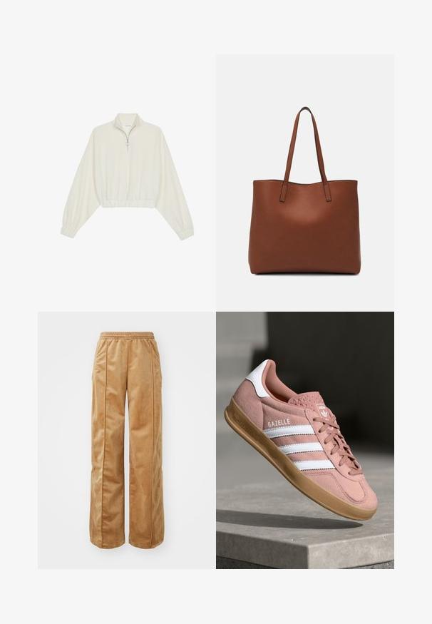 Kreptais pusītes džemperis krēmkrāsā, ar augstu apkakli, puszipa aizdari, elastīgu apakšmalu un aprocēm, ar gludu tekstūru un minimālistisku dizainu.; Gaiši brūnas platās kājas bikses, kas izgatavotas no mīksta, samtaina materiāla. Iezīmēta ar elastīgu jostu un vertikālām šuvēm gar priekšpusi, lai pievienotu papildu detaļas.; Rozā zamša sporta apavi ar baltām svītrām, gumijas zole, teksturēts augšdaļas materiāls un logo uz mēles. Klasisks zema profila dizains.; Brūna ādas iepirkumu soma ar gludu tekstūru, atvērta augšdaļa un divas plecu siksnas. Izceļas ar minimālām šuvēm un redzamu aparatūru nav.