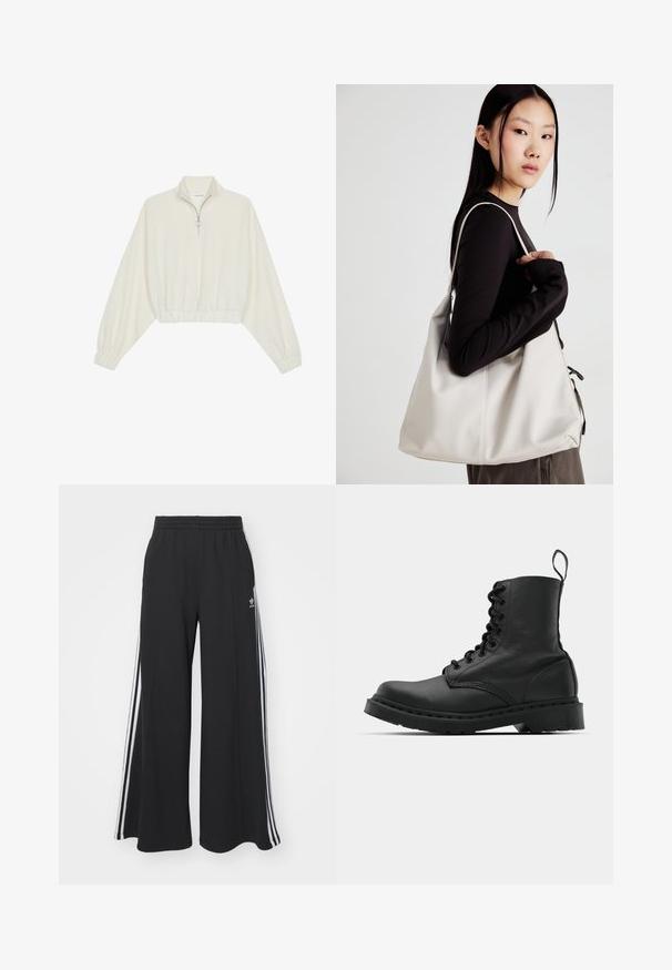 Pullover accorciato in tessuto crema, con colletto alto, chiusura a zip parziale, orlo e polsini elasticizzati, dalla texture liscia e design minimal.; Pantaloni in felpa neri a gamba larga con vita elastica, dotati di strisce bianche sui lati e un logo ricamato sulla coscia sinistra.; Stivale da combattimento in pelle nera con punta tonda, chiusura con lacci e linguetta alla caviglia. Presenta una suola in gomma spessa per durabilità.; Borsa a mano beige realizzata in materiale morbido, caratterizzata da un design morbido, dettagli cuciti e due manici. Adatta per l'uso quotidiano.