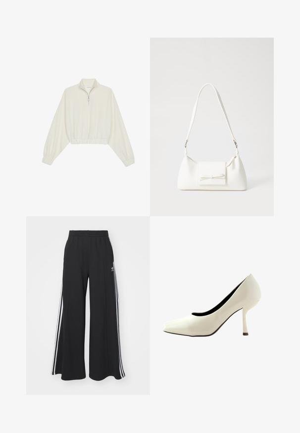 Pullover court en tissu crème, avec un col haut, fermeture éclair à mi-hauteur, ourlet et poignets élastiqués, offrant une texture lisse et un design minimaliste.; Pantalons de survêtement larges noirs avec une taille élastique, présentant des rayures blanches sur les côtés et un logo brodé sur la cuisse gauche.; Pompe à talon haut blanche avec un bout pointu, finition lisse et brillante, et un talon aiguille fin. L'intérieur présente une doublure noire contrastante.; Sac à main synthétique blanc en forme triangulaire, avec un rabat avant plat et un détail en nœud, une bandoulière ajustable, une texture lisse et un design minimaliste.