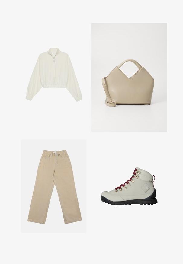 Zkrácený svetr z krémové látky, který má vysoký límec, poloviční zip, elastický spodní lem a manžety, hladkou texturu a minimalistický design.; Beige kalhoty s širokými nohavicemi vyrobené z denimu, s vysokým páskem, předními kapsami a kontrastním prošíváním. Design zahrnuje zapínání na knoflík.; Béžová turistická bota s červenými tkaničkami, kovovými očky a texturovaným povrchem. Má robustní černou podrážku a výrazný detail loga na boku.; Béžová strukturovaná kabelka s V-tvarovaným vrchem, hladkou koženou strukturou, krátkými rukojetmi a dlouhým nastavitelným popruhem. Minimalistický design.