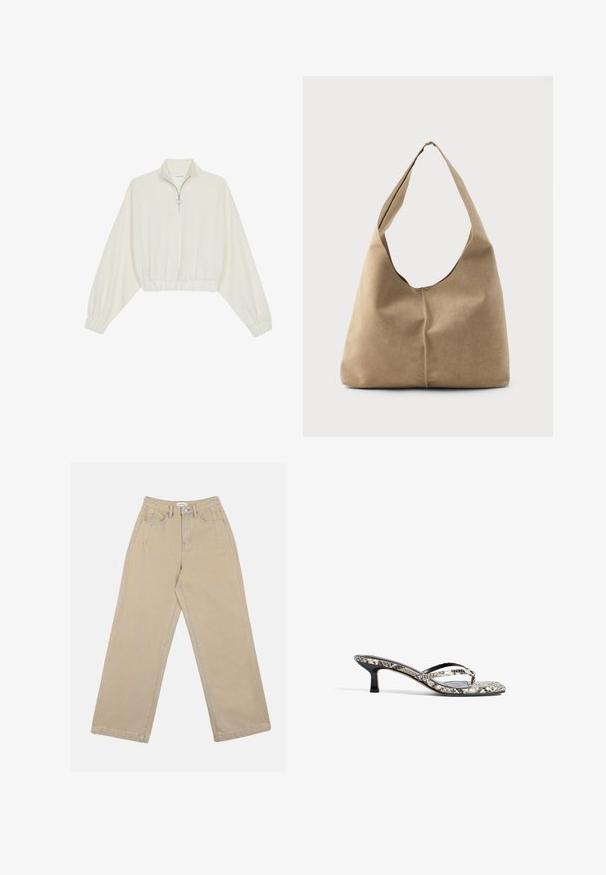 Pullover court en tissu crème, avec un col haut, fermeture éclair à mi-hauteur, ourlet et poignets élastiqués, offrant une texture lisse et un design minimaliste.; Pantalons larges beiges en denim, avec une taille haute, des poches avant et des coutures contrastées. Le design inclut un fermoir à boutons.; Mules à imprimé serpent noir et blanc, à bout ouvert, avec deux fines brides et un petit talon rectangulaire. Texture lisse avec des accents brillants.; Sac hobo en suède beige doux avec une forme décontractée, une large bandoulière et un détail de couture à la main sur le devant.