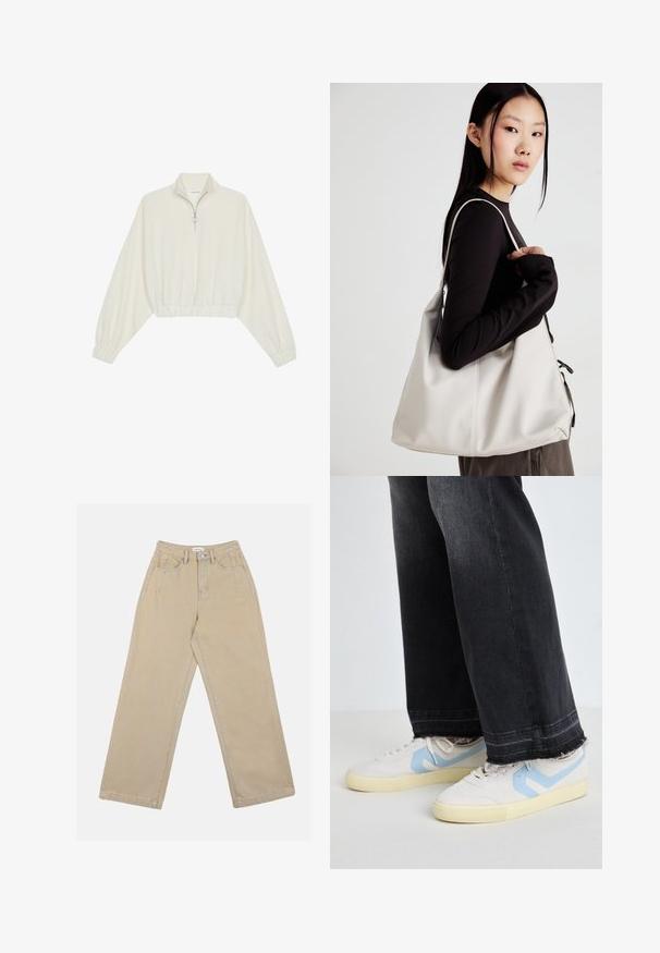 Lyhyt kerrosvaate vaaleasta kankaasta, jossa on korkea kaulus, puolivetoketjukiinnitys, joustavat helma ja hihansuut, tasainen pinta ja minimalistinen muotoilu.; Beige leveled pants yang terbuat dari denim, menampilkan pinggang tinggi, saku depan, dan jahitan kontras. Desainnya mencakup penutupan kancing.; Valkoiset tennarit, joissa on vaaleansinisiä yksityiskohtia, teksturoitu keinonahka ja kumipohjat, yhdistettynä revittyihin mustiin farkkuihin, joissa on leveä lahje.; Beige laukku, joka on valmistettu pehmeästä materiaalista, ja siinä on rento muotoilu, ommeltu yksityiskohtia ja kaksi olkahihnaa. Sopii päivittäiseen käyttöön.