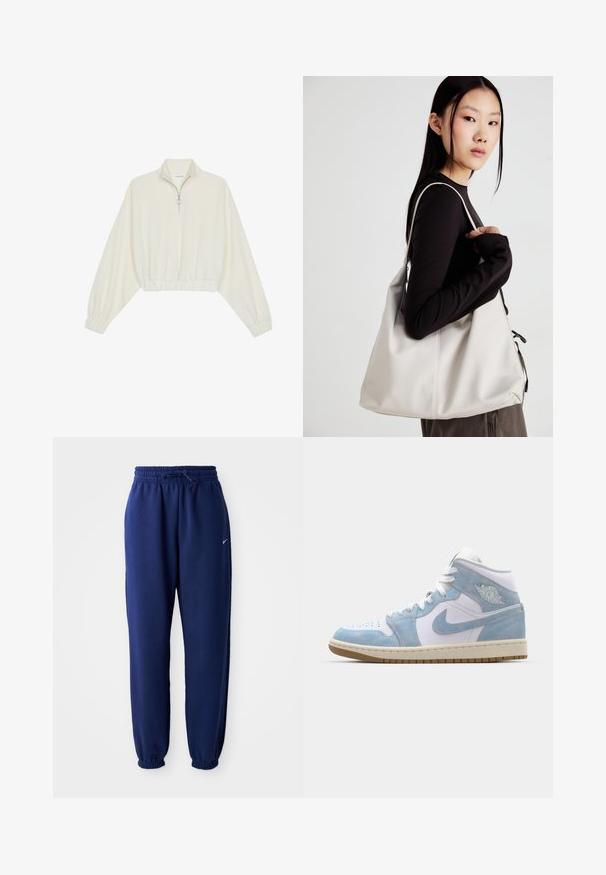 Kreptais pusītes džemperis krēmkrāsā, ar augstu apkakli, puszipa aizdari, elastīgu apakšmalu un aprocēm, ar gludu tekstūru un minimālistisku dizainu.; Navy zila sporta bikses, izgatavotas no mīksta auduma, ar elastīgu jostu ar auklu, elastīgiem piedurknēm un mazu balto logo.; Jordan AIR JORDAN 1 MID SE - Augsti sporta apavi - white/worn blue/sail/light brown; Bežs rokassoma, izgatavota no mīksta materiāla, ar brīvu dizainu, izšūtu apdari un divām plecu siksnām. Piemērota ikdienas lietošanai.