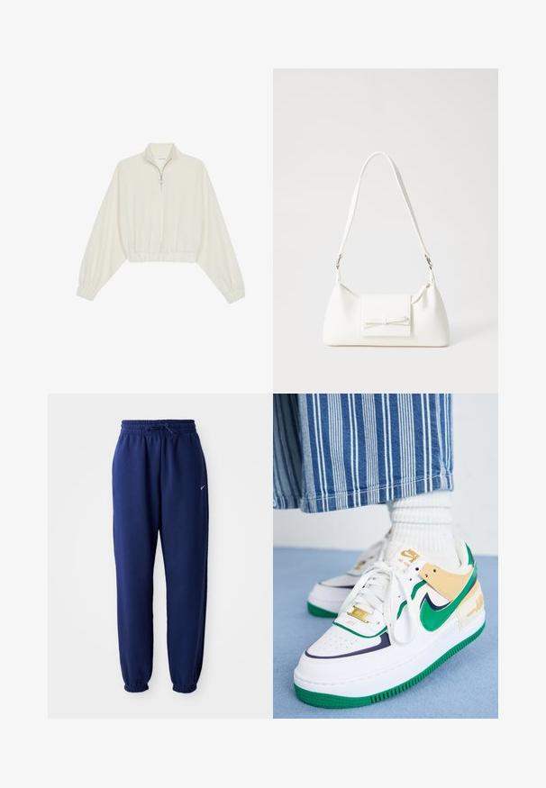 Pullover curto em tecido creme, apresentando um colarinho alto, fecho de meio zíper, bainha e punhos elásticos, com uma textura suave e design minimalista.; Calças de fato de treino azul marinho feitas de um tecido suave, com uma cintura elástica com cordão, punhos elásticos e um pequeno logótipo branco.; Nike Sportswear AIR FORCE 1 SHADOW - Sapatilhas - white/midnight navy/malachite/sesame/phantom/metallic gold; Mala sintética branca com formato triangular, aba frontal plana e detalhe de laço, alça ajustável, textura suave e design minimalista.
