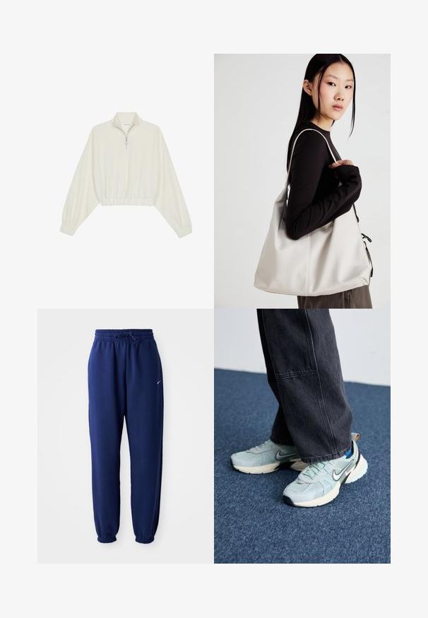 Krém színű, rövidített pulóver, magas gallérral, félig cipzáros záródással, elasztikus derék- és ujjakrésszel, sima textúrával és minimalista dizájnnal.; Navy kék sportnadrág puha anyagból, elasztikus derékpánttal és zsinórral, elasztikus mandzsettákkal és egy kis fehér logóval.; Világoskék hálós Nike sportcipők texturált felülettel, fekete swoosh-szal és krémszínű talprésszel, sötétszürke laza nadrággal párosítva.; Puha anyagból készült bézs kézitáska, laza dizájnnal, varrott részletekkel és két vállpánttal. Mindennapi használatra alkalmas.