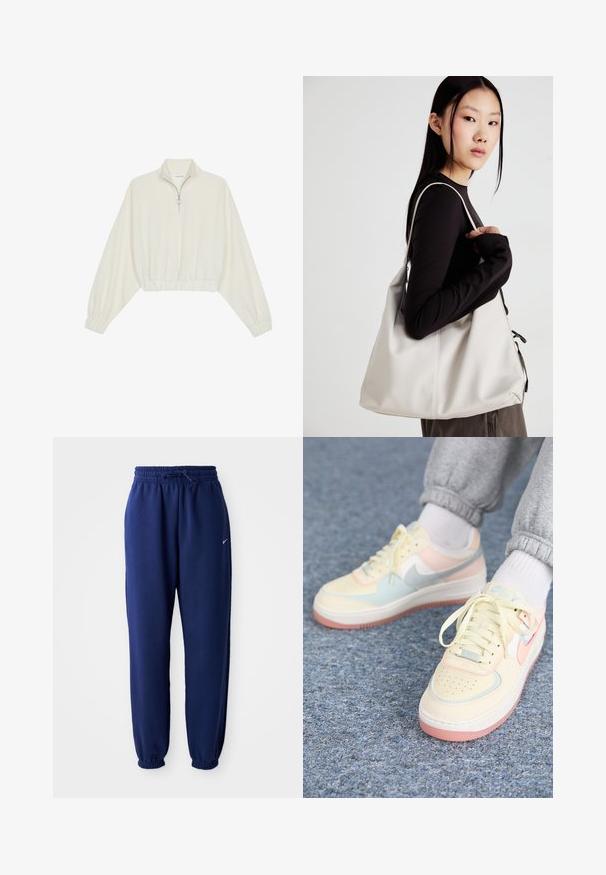 Kreemfarbenest lühikese varrukaga kudum, millel on kõrge kaelus, pool tõmblukk, elastne allosa ja varrukad, sile tekstuur ja minimaalne disain.; Tumesinine dressipluus, mis on valmistatud pehmest kangast, elastse vöökoha ja nööriga, elastsete mansettide ning väikese valge logoga.; Nike Sportswear AIR FORCE 1 SHADOW - Tossud - coconut milk/crimson tint/light silver/sail/guava ice; Bež käekott pehme materjali, millel on lõtv disain, õmblustega detailid ja kaks õlarihma. Sobib igapäevaseks kasutamiseks.