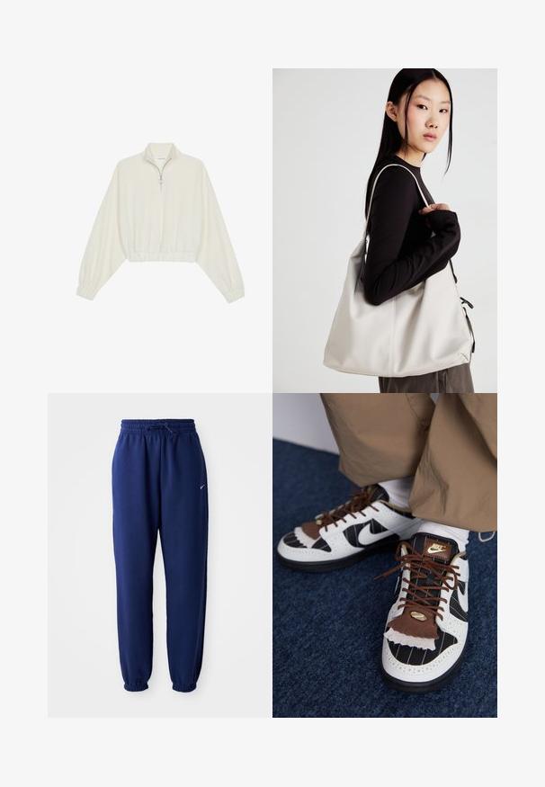 Cropped pullover in cream fabric, featuring a high collar, half-zip closure, elasticated hem and cuffs, with a smooth texture and minimal design.; Navy blue sweatpants made of soft fabric, featuring an elastic waistband with drawstring, elastic cuffs, and a small white logo.; Nike sneakers with white, black, and brown materials. Features a textured brown flap, striped design, and traditional lacing with gold accents.; Beige handbag made of soft material, featuring a slouchy design, stitched detailing, and two shoulder straps. Suitable for everyday use.