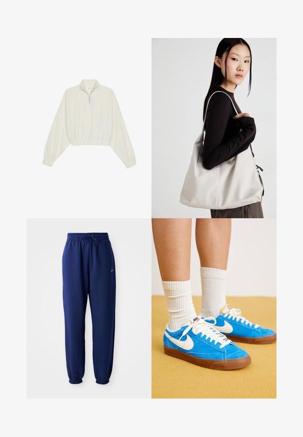 Kreptais pusītes džemperis krēmkrāsā, ar augstu apkakli, puszipa aizdari, elastīgu apakšmalu un aprocēm, ar gludu tekstūru un minimālistisku dizainu.; Navy zila sporta bikses, izgatavotas no mīksta auduma, ar elastīgu jostu ar auklu, elastīgiem piedurknēm un mazu balto logo.; Zili zamaku Nike ar baltām akcentiem, ar plakanām šņorēm un brūnām gumijas zālēm, apvienoti ar rievotām baltām zeķēm.; Bežs rokassoma, izgatavota no mīksta materiāla, ar brīvu dizainu, izšūtu apdari un divām plecu siksnām. Piemērota ikdienas lietošanai.