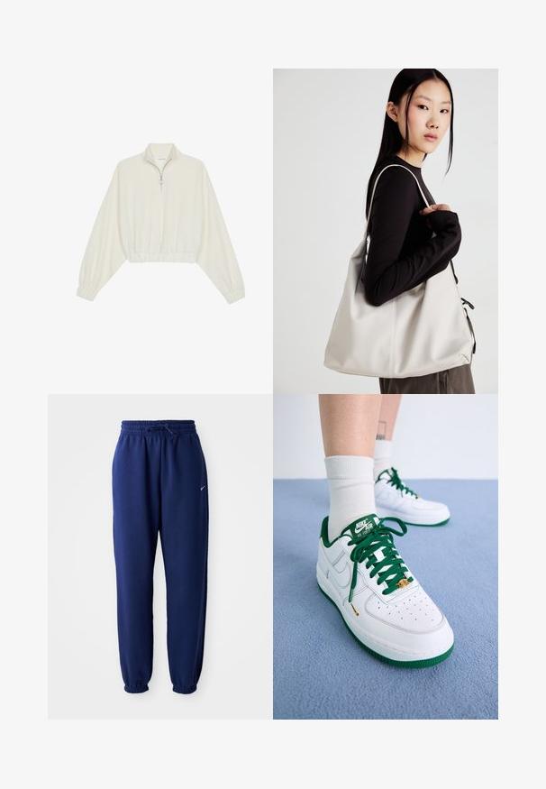 Pulover scurt din stofă crem, cu guler înalt, închidere cu fermoar pe jumătate, elastic la margini și la manșete, cu o textură netedă și un design minimalist.; Pantaloni de sport bleumarin, confecționați dintr-un material moale, având o talie elastică cu șnur, manșete elastice și un mic logo alb.; Adidași Nike Air Force 1 din piele albă cu accente verzi, șiret și talpă; având vârful perforat și detalii aurii în zona șiretului.; Geantă bej din material moale, cu un design lejer, detalii cusute și două bretele pentru umăr. Potrivită pentru utilizarea zilnică.