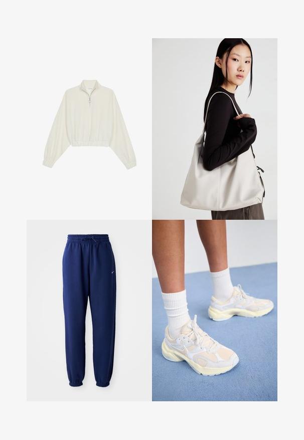 Skraćeni pulover od kremastog materijala, s visokim ovratnikom, zatvaranjem na polovicu munje, elastičnim rubom i manžetama, s glatkom teksturom i minimalnim dizajnom.; Mornarsko plave trenirke od mekog materijala, s elastičnom strukom i vezicom, elastičnim rukavima i malim bijelim logotipom.; Elegantne atletske cipele u svijetložutoj i bijeloj boji, s mrežastim i sintetičkim materijalima, zaobljenim oblikom i teksturiranim potplatima.; Bežna torba od mekog materijala s opuštenim dizajnom, šivanim detaljima i dva remena za rame. Pogodna za svakodnevnu upotrebu.
