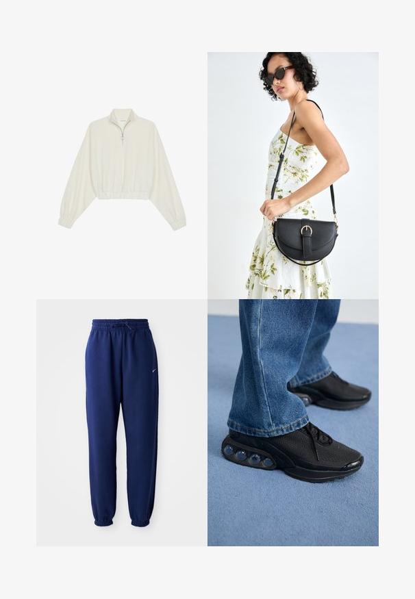 Krém színű, rövidített pulóver, magas gallérral, félig cipzáros záródással, elasztikus derék- és ujjakrésszel, sima textúrával és minimalista dizájnnal.; Navy kék sportnadrág puha anyagból, elasztikus derékpánttal és zsinórral, elasztikus mandzsettákkal és egy kis fehér logóval.; Fekete sportcipők hálós felsőrésszel, textúrázott részletekkel és a talpban látható lég párnázó zsebekkel. Kék farmernadrággal viselve.; Fekete bőrtáska ívelt formával, levehető pánttal és arany színű fémrészekkel. A táskán egy csattal díszített fedél található.