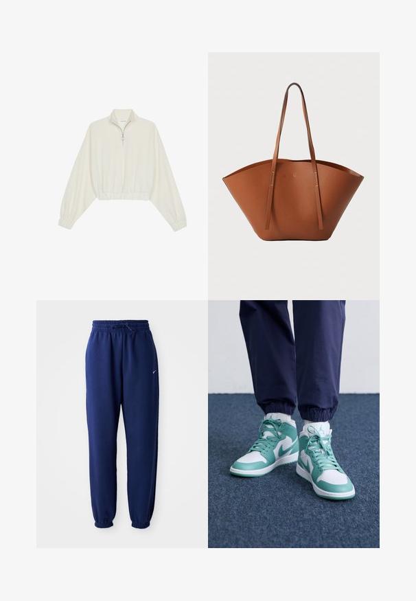 Kreptais pusītes džemperis krēmkrāsā, ar augstu apkakli, puszipa aizdari, elastīgu apakšmalu un aprocēm, ar gludu tekstūru un minimālistisku dizainu.; Navy zila sporta bikses, izgatavotas no mīksta auduma, ar elastīgu jostu ar auklu, elastīgiem piedurknēm un mazu balto logo.; Augstās tenisa kedas ar baltu pamatni un teal akcentiem, teksturētu ādu un perforētu purngalu. Iekļauti auklas un mīkstināta apkakle.; Brūna ādas somiņa ar plašu, strukturētu formu, plānām rokturēm un teksturētu virsmu. Iespējo minimālistisku dizainu bez redzamiem aksesuāriem.