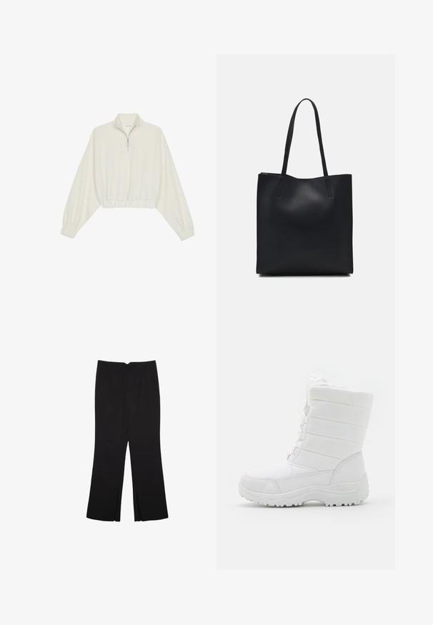 Zkrátený pulover z krémového materiálu, s vysokým golierom, polovičným zipsom, elastickým lemom a manžetami, s hladkou textúrou a minimalistickým dizajnom.; Čierne nohavice so strihom rovného strihu, s prednými vreckami a bočnými rozparkami na leme. Vyrobené z mäkkej, hladkej tkaniny. Vhodné na rôzne príležitosti.; Biele nepremokavé zimné topánky so polstrovaným zvrškom, textúrovaným dizajnom, nastaviteľnými šnúrkami a robustnou gumovou podrážkou pre lepšiu trakciu.; Čierna kožená taška na rameno s hladkým povrchom, obdĺžnikovým tvarom a dvoma dlhými uchami. Bez viditeľného kovania alebo ozdôb.
