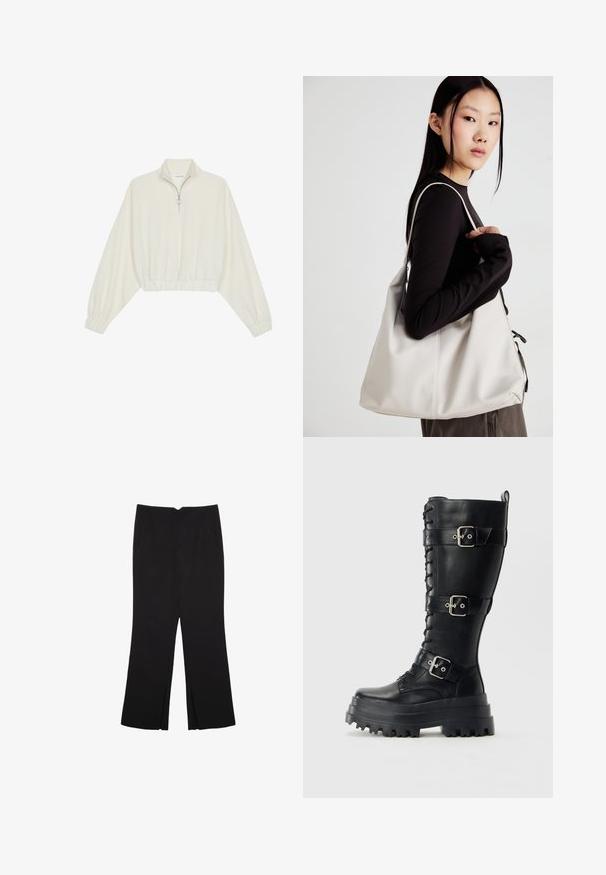 Kratka pulover v kremnem blagu, z visokim ovratnikom, pol-zadrgo, elastičnim robom in manšetami, z gladko teksturo in minimalističnim oblikovanjem.; Črne hlače ravnega kroja z naglavnimi žepi in stranskimi razporki na robu. Narejene iz mehke, gladke tkanine. Primerne za različne priložnosti.; Visoke črne usnjene vojaške škornje z debelim lug podplatom, tremi nastavljivimi zaponkami in sprednjim vezanjem na enobarvni podlagi.; Bežna torbica iz mehkega materiala, z ohlapno zasnovo, šivi in dvema naramnicama. Primerna za vsakodnevno uporabo.