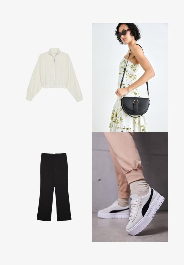 Kratka pulover v kremnem blagu, z visokim ovratnikom, pol-zadrgo, elastičnim robom in manšetami, z gladko teksturo in minimalističnim oblikovanjem.; Črne hlače ravnega kroja z naglavnimi žepi in stranskimi razporki na robu. Narejene iz mehke, gladke tkanine. Primerne za različne priložnosti.; Beli nubuk teniske z črnim stranskim pasom in zlatim logotipom, ki imajo debel bel podplat in teksturirano površino. Obuti s svetlo bež trenirkami.; Črna usnjena torbica s ukrivljeno obliko, z odstranljivo naramnico in zlatimi dodatki. Torbica ima pokrov s podrobnostmi v obliki zaponke.