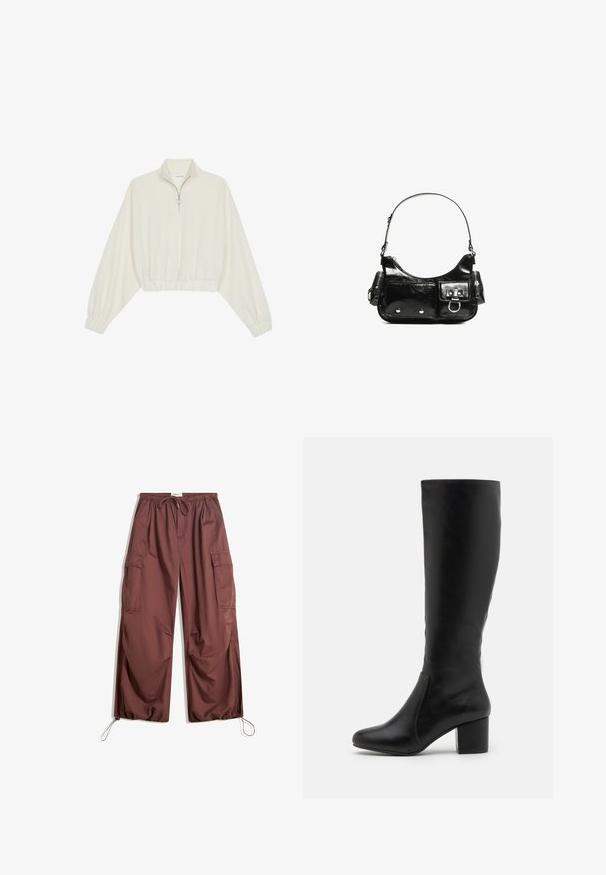 Zkrátený pulover z krémového materiálu, s vysokým golierom, polovičným zipsom, elastickým lemom a manžetami, s hladkou textúrou a minimalistickým dizajnom.; Béžové široké nohavice s elastickým pásom, šnúrkou na stiahnutie, veľkými bočnými vreckami a nastaviteľnými šnúrkami na členkoch.; Čierne kožené čižmy po kolená s hladkým povrchom, zaoblenou špičkou, bočným panelom a masívnym blokovým opätkom.; Čierna laková kožená kabelka s ohnutým tvarom, jedným ramenným popruhom, prednými vreckami a striebornými kovovými doplnkami.