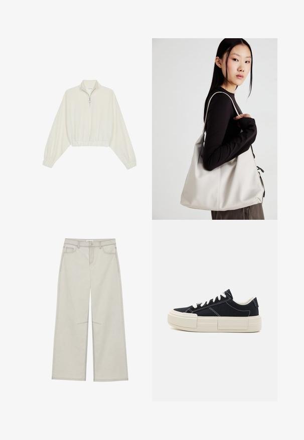 Pullover curto em tecido creme, apresentando um colarinho alto, fecho de meio zíper, bainha e punhos elásticos, com uma textura suave e design minimalista.; Calças largas de um cinza claro com cinco bolsos, fecho frontal com botão e costuras em contraste ao longo das emendas. O tecido parece suave e durável.; Sapatilhas de lona pretas com atacadores e costuras brancas. Apresenta uma sola branca grossa e texturizada com um design segmentado único.; Uma bolsa bege feita de material macio, com um design descontraído, detalhes de costura e duas alças para o ombro. Adequada para uso diário.
