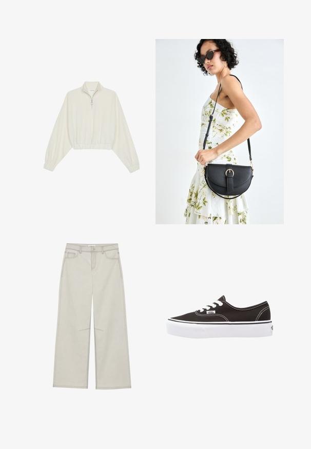 Gerippter Pullover aus cremefarbener Baumwolle mit hohem Kragen, halbem Reißverschluss, elastischen Säumen und Bündchen, glatter Textur und minimalistischem Design.; Hellgraue, weit geschnittene Hose mit fünf Taschen, vorderem Knopfverschluss und kontrastierenden Nähten. Der Stoff wirkt weich und langlebig.; Vans AUTHENTIC PLATFORM 2.0 - Sneaker low - black; Schwarze Lederhandtasche mit geschwungener Form, abnehmbarem Tragegurt und goldenen Beschlägen. Die Tasche verfügt über einen Deckel mit einer Schnallen-Details.