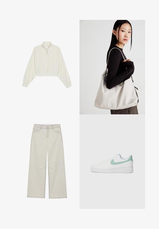 Pullover curto em tecido creme, apresentando um colarinho alto, fecho de meio zíper, bainha e punhos elásticos, com uma textura suave e design minimalista.; Calças largas de um cinza claro com cinco bolsos, fecho frontal com botão e costuras em contraste ao longo das emendas. O tecido parece suave e durável.; Shoe de couro branco com um swoosh e tab de calcanhar em verde menta da Nike, sola texturizada e design clássico de atacadores.; Uma bolsa bege feita de material macio, com um design descontraído, detalhes de costura e duas alças para o ombro. Adequada para uso diário.