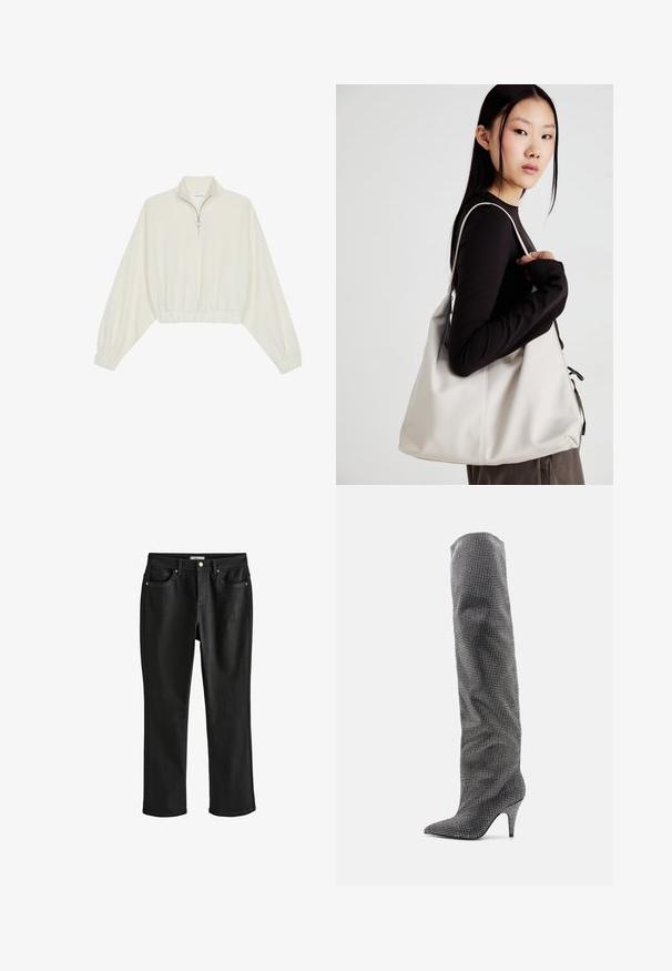 Sudadera cropped en tejido crema, con cuello alto, cierre de media cremallera, dobladillo y puños elásticos, con una textura suave y un diseño minimalista.; Pantalones vaqueros de denim negro con corte recto. Incluyen herrajes en tono dorado, cinco bolsillos y una cinturilla clásica. Textura suave.; Steve Madden MAZER-R - Botas de tacón - black; Bolso de mano beige hecho de material suave, con un diseño holgado, detalles cosidos y dos asas. Adecuado para uso diario.