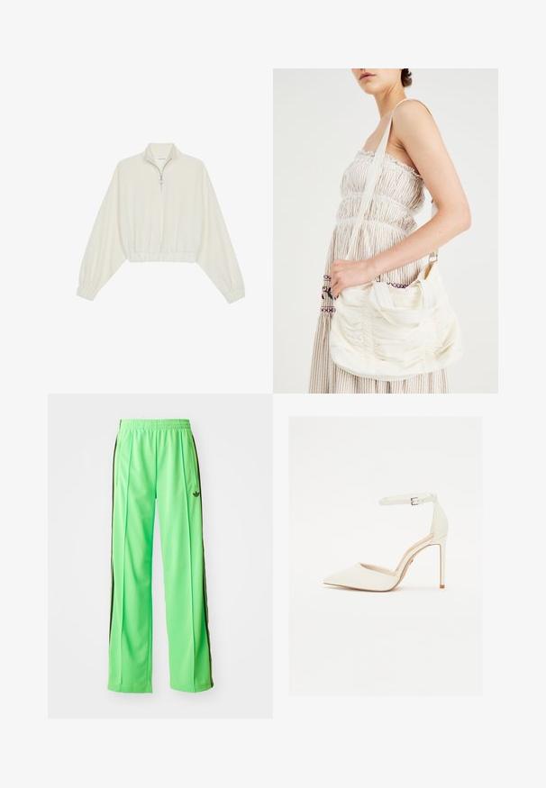 Geknipt pullover in crèmekleurige stof, met een hoge kraag, halve rits, elastische zoom en manchetten, met een soepele textuur en minimalistisch ontwerp.; Groene sportbroek gemaakt van glad, lichtgewicht materiaal, met zwarte zijstroken en een geborduurd logo aan de voorkant.; Witte leren hoge hak schoen met een spitse neus en dunne enkelband. Kenmerkt zich door een stiletto hak en een minimalistisch ontwerp.; Witte stoffen schoudertas met geraffineerde textuur, verstelbare schouderband en zilverkleurige hardware. Naast een crèmekleurige jurk weergegeven.
