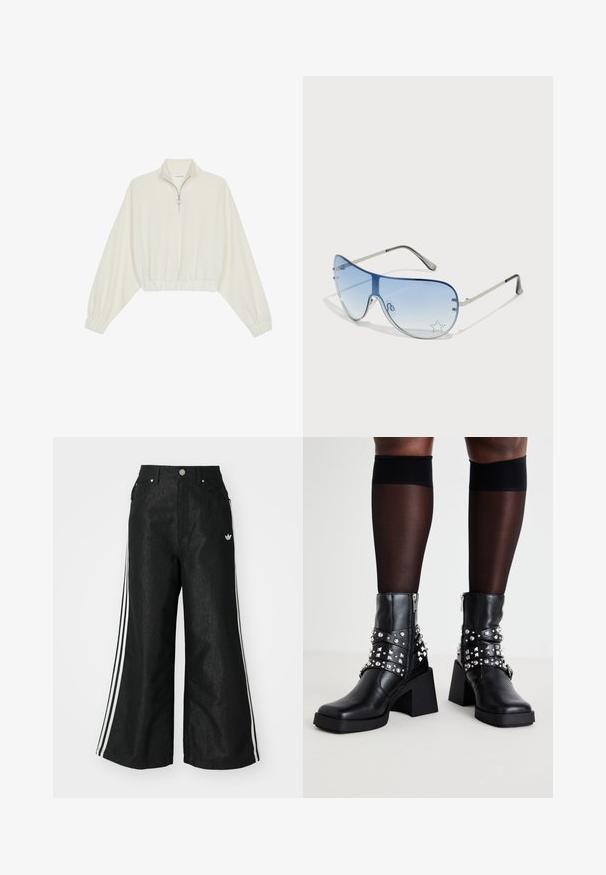 Pullover curto em tecido creme, apresentando um colarinho alto, fecho de meio zíper, bainha e punhos elásticos, com uma textura suave e design minimalista.; Calças de denim largas pretas com três riscas brancas em cada lado e um pequeno logótipo branco. Apresenta bolsos frontais e um fecho de botão.; Botas de tornozelo pretas com um salto robusto, apresentando tachas prateadas e correias, feitas de couro com uma textura suave e fecho de correr.; Óculos de sol aviador com lentes azuis em degradê, armação metálica prateada e detalhes decorativos de estrelas nas lentes. Design suave e elegante.