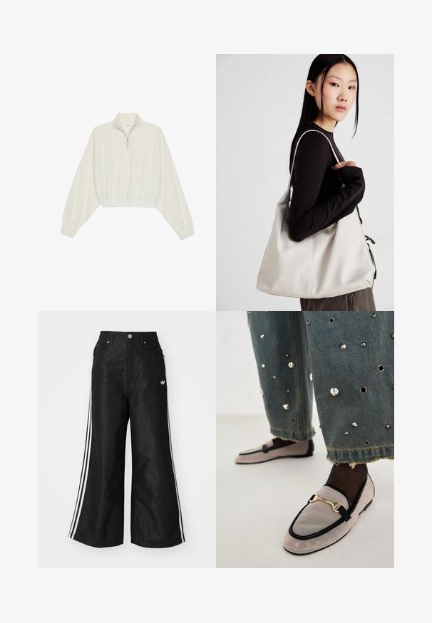 Pullover curto em tecido creme, apresentando um colarinho alto, fecho de meio zíper, bainha e punhos elásticos, com uma textura suave e design minimalista.; Calças de denim largas pretas com três riscas brancas em cada lado e um pequeno logótipo branco. Apresenta bolsos frontais e um fecho de botão.; Mocassins de couro em rosa claro com detalhes em preto, apresentando um accentuador de corrente dourada. Combinados com jeans de ganga adornados com tachas metálicas.; Uma bolsa bege feita de material macio, com um design descontraído, detalhes de costura e duas alças para o ombro. Adequada para uso diário.