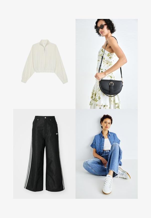 Sudadera cropped en tejido crema, con cuello alto, cierre de media cremallera, dobladillo y puños elásticos, con una textura suave y un diseño minimalista.; Pantalones de denim anchos y negros con tres franjas blancas en cada lado y un pequeño logo blanco. Cuenta con bolsillos frontales y un cierre de botón.; Conjunto de denim de dos piezas que incluye una camisa corta de color azul claro con mangas cortas y jeans de cintura alta. Combinado con zapatillas blancas.; Bolso de piel negra con forma curva, correa desmontable y herrajes dorados. El bolso cuenta con una solapa con un detalle de hebilla.