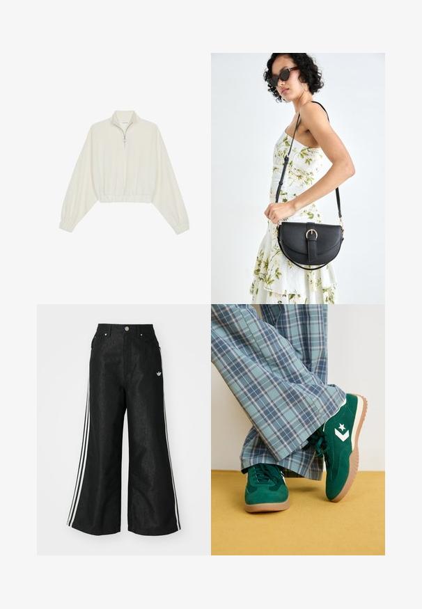 Kort genser i kremfarget stoff, med høy krage, halv glidelås, elastisk nederste kant og mansjetter, med en glatt tekstur og minimalistisk design.; Sorte vide benbukser med tre hvite striper på hver side og en liten hvit logo. Har frontlommer og knappelukking.; Grønne ruskinnsneakers med hvite detaljer og en stjerne-logo, kombinert med vide blå rutete bukser, plassert på et gult gulv.; Svart lærveske med en buet form, avtagbar stropp og gullbeslag. Vesken har et klaff med spenne-detall.