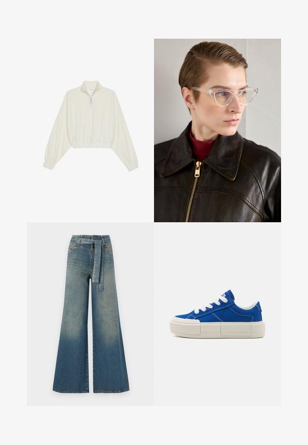 Krém színű, rövidített pulóver, magas gallérral, félig cipzáros záródással, elasztikus derék- és ujjakrésszel, sima textúrával és minimalista dizájnnal.; Bőszárú farmernadrág, világos és sötétkék árnyalatokkal, magas derekú, övgyűrűkkel és a nadrággal megegyező anyagú övvel. Textúrált farmer kivitel.; Kék vászon sportcipők, vastag fehér talppal, fehér fűzőkkel és kontrasztos varrással az oldalakon. Kiemelt sarokfül.; Átlátszó acetát cica szemüveg sárga árnyalatú lencsékkel, sötét bőrkabátot és vörös garbót viselő személyen. Sima felület.