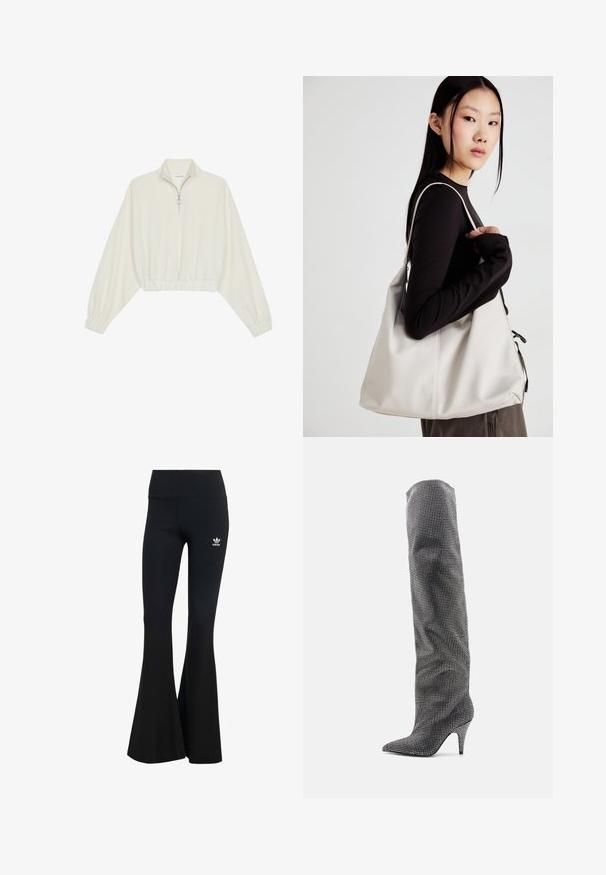 Pullover accorciato in tessuto crema, con colletto alto, chiusura a zip parziale, orlo e polsini elasticizzati, dalla texture liscia e design minimal.; Leggings flared neri a coste con una vita alta, caratterizzati da un piccolo logo Adidas bianco sul lato sinistro superiore. Tessuto morbido.; Steve Madden MAZER-R - Stivali con i tacchi - black; Borsa a mano beige realizzata in materiale morbido, caratterizzata da un design morbido, dettagli cuciti e due manici. Adatta per l'uso quotidiano.