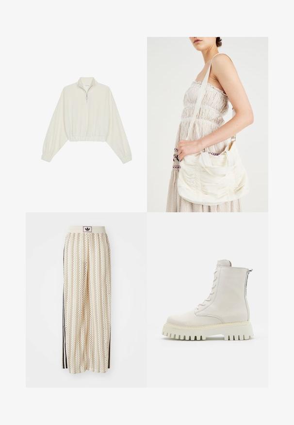 Cropped pullover in cream fabric, featuring a high collar, half-zip closure, elasticated hem and cuffs, with a smooth texture and minimal design.; Cream-colored wide-leg pants with a zigzag pattern, featuring a black logo waistband and side black stripes. Lightweight, textured fabric.; White leather ankle boots with round toe, lace-up front, and a side zipper. Thick, ridged rubber sole with contrasting light-colored edge.; White fabric shoulder bag with gathered texture, adjustable strap, and silver hardware. Displayed alongside a cream-colored dress.