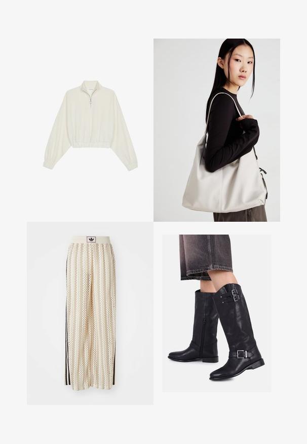 Pulover scurt din stofă crem, cu guler înalt, închidere cu fermoar pe jumătate, elastic la margini și la manșete, cu o textură netedă și un design minimalist.; Pantaloni largi de culoare crem, cu un model în zigzag, având un brâu cu logo negru și dungi laterale negre. Material ușor, texturat.; Bocanci negri din piele, până la genunchi, cu două curele cu catarame, un fermoar pe lateral și un toc mic, asortați cu șorturi din denim închis.; Geantă bej din material moale, cu un design lejer, detalii cusute și două bretele pentru umăr. Potrivită pentru utilizarea zilnică.