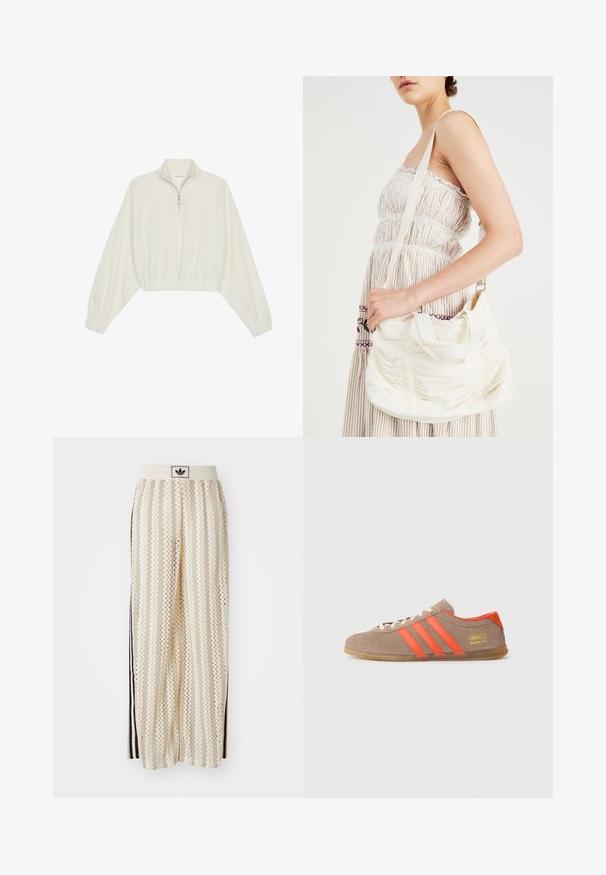 Pullover curto em tecido creme, apresentando um colarinho alto, fecho de meio zíper, bainha e punhos elásticos, com uma textura suave e design minimalista.; Calças largas de cor creme com um padrão em zigzag, apresentando uma cintura com logotipo preto e riscas laterais pretas. Tecido leve e texturizado.; Sapatilhas de camurça castanha com três riscas laranjas brilhantes, atacadores à frente e logo dourado "Gazelle" na lateral. Sola de borracha plana.; Bolsa de ombro em tecido branco com textura franzida, alça ajustável e acabamentos em prateado. Exposta ao lado de um vestido creme.