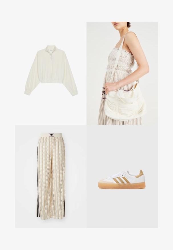 Geknipt pullover in crèmekleurige stof, met een hoge kraag, halve rits, elastische zoom en manchetten, met een soepele textuur en minimalistisch ontwerp.; Crème kleurige wijde broek met een zigzagpatroon, met een zwarte logo tailleband en zij zwarte strepen. Lichtgewicht, gestructureerde stof.; Witte sneaker met beige accenten, met drie strepen, een ronde neus en een doorschijnende rubberen zool. Van soepel leer en textielmateriaal.; Witte stoffen schoudertas met geraffineerde textuur, verstelbare schouderband en zilverkleurige hardware. Naast een crèmekleurige jurk weergegeven.