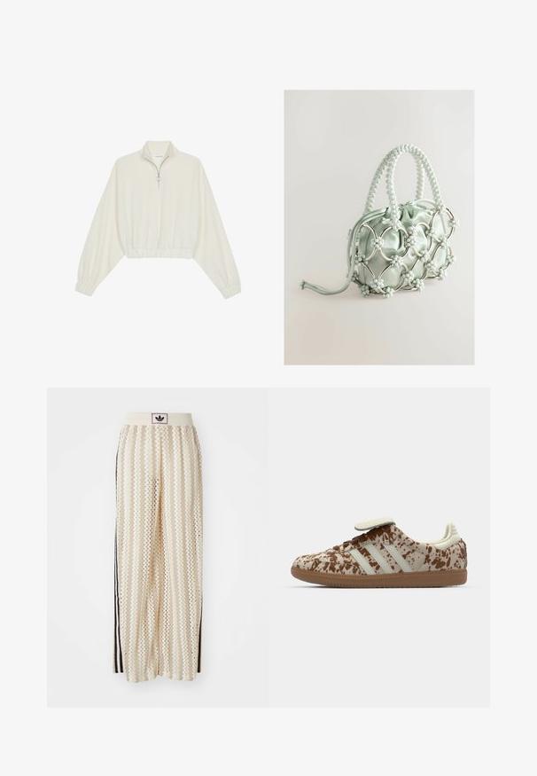 Skórzany pulower w kolorze kremowym, z wysokim kołnierzem, półzamkiem, elastycznym wykończeniem u dołu i mankietami, o gładkiej teksturze i minimalistycznym designie.; Kremowe szerokie spodnie w stylu palazzo z wzorem w zygzak, z czarnym paskiem z logo oraz bocznymi czarnymi paskami. Lekki, teksturowany materiał.; Sneakers z beżowo-brązowym nakrapianym wzorem, zawierające trzy białe paski, rzep oraz brązową gumową podeszwę.; Next - Torebka