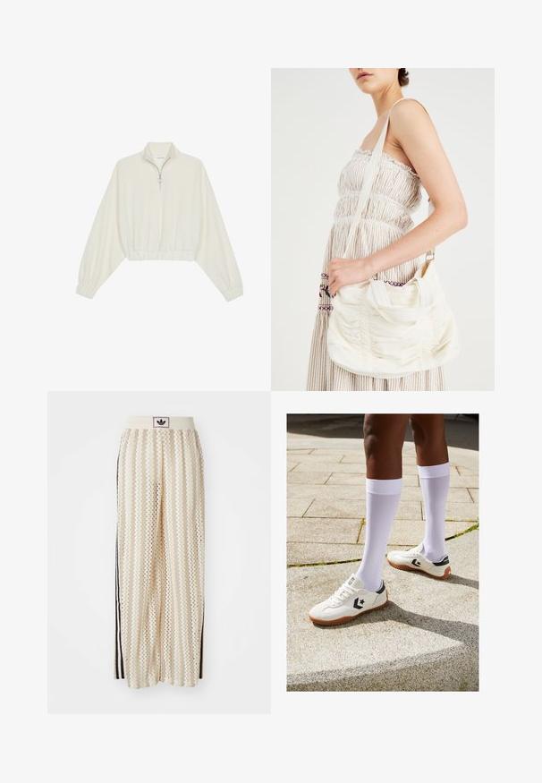 Skraćeni pulover od kremastog materijala, s visokim ovratnikom, zatvaranjem na polovicu munje, elastičnim rubom i manžetama, s glatkom teksturom i minimalnim dizajnom.; Pantalone širokog kroja krem boje s zigzag uzorkom, koji sadrži sivi pojas s crnim logotipom i bočne crne pruge. Lagani, teksturirani materijal.; Bijele atletske cipele s teksturiranom površinom, crnim akcentima i smešnim gumenim đonom, uparene s bijelim čarapama do koljena.; Bijela platnena torba s naramenicom, nabranom teksturom, podesivom trakom i srebrnim hardverom. Prikazana uz krem haljinu.